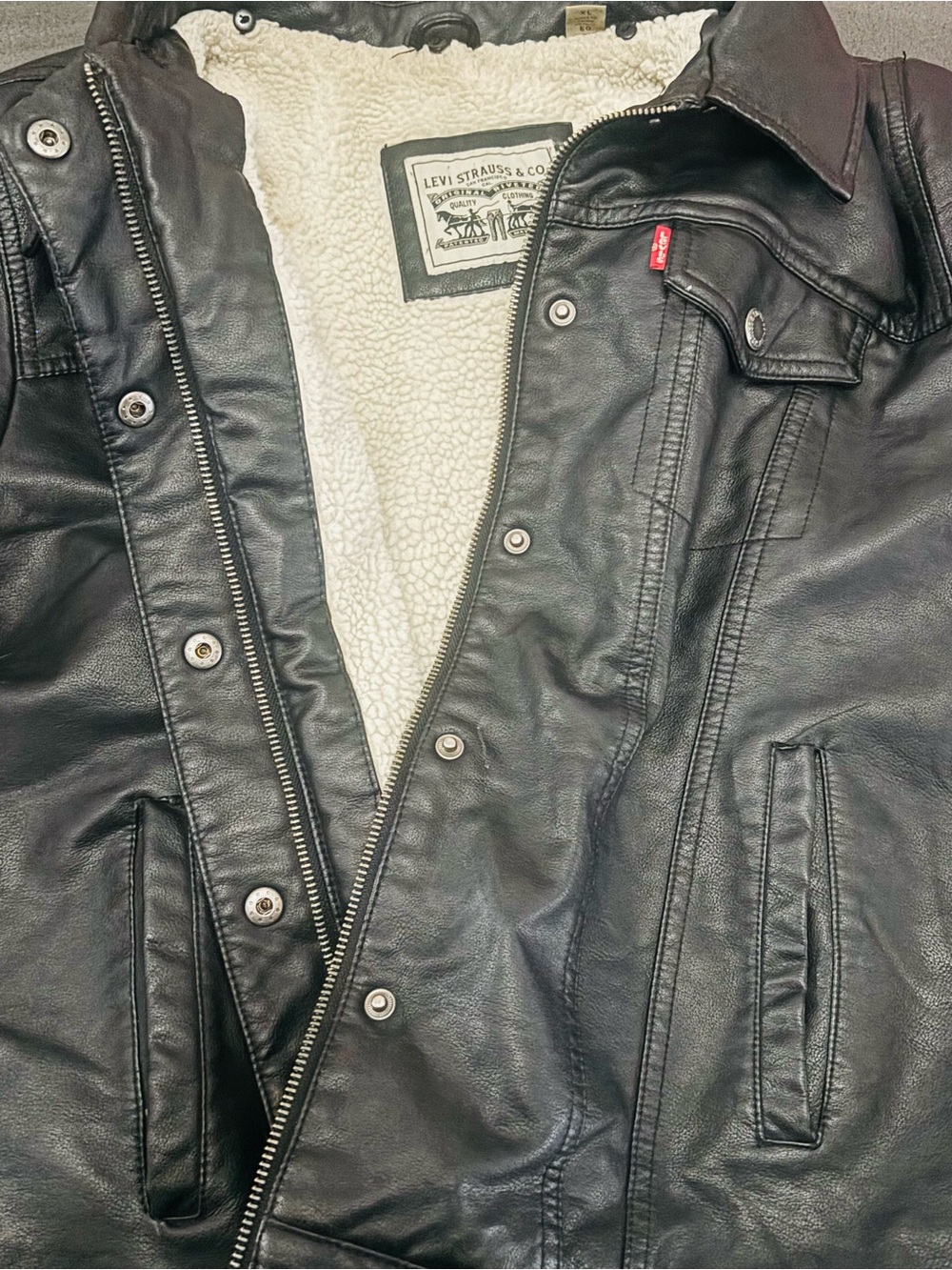 Vintage Levi's Black Faux Leather Bomber Jacket with Cream Sherpa Lining